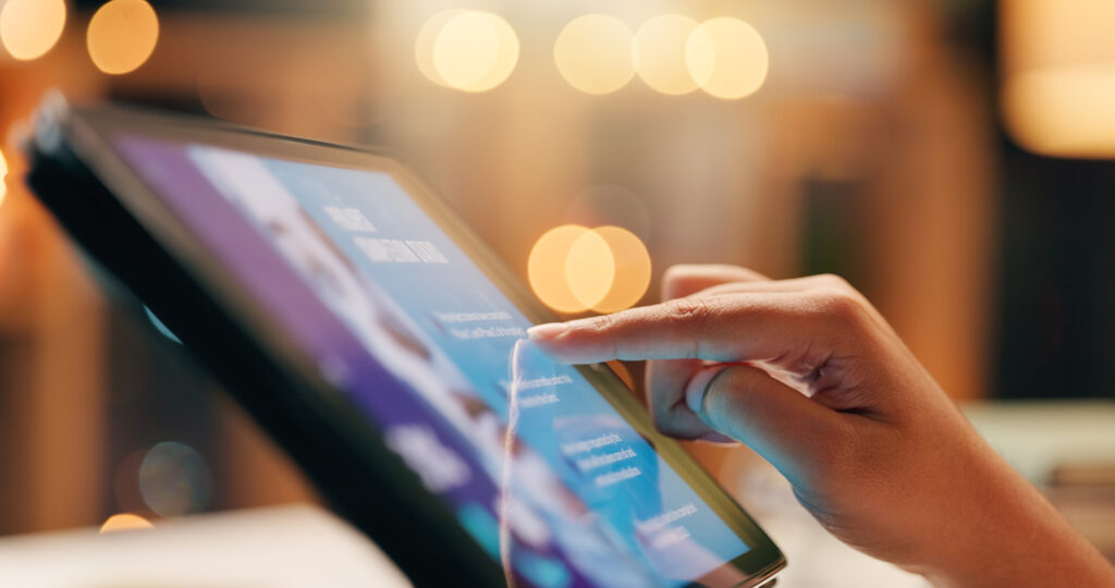 hands, tablet or person reading screen for business